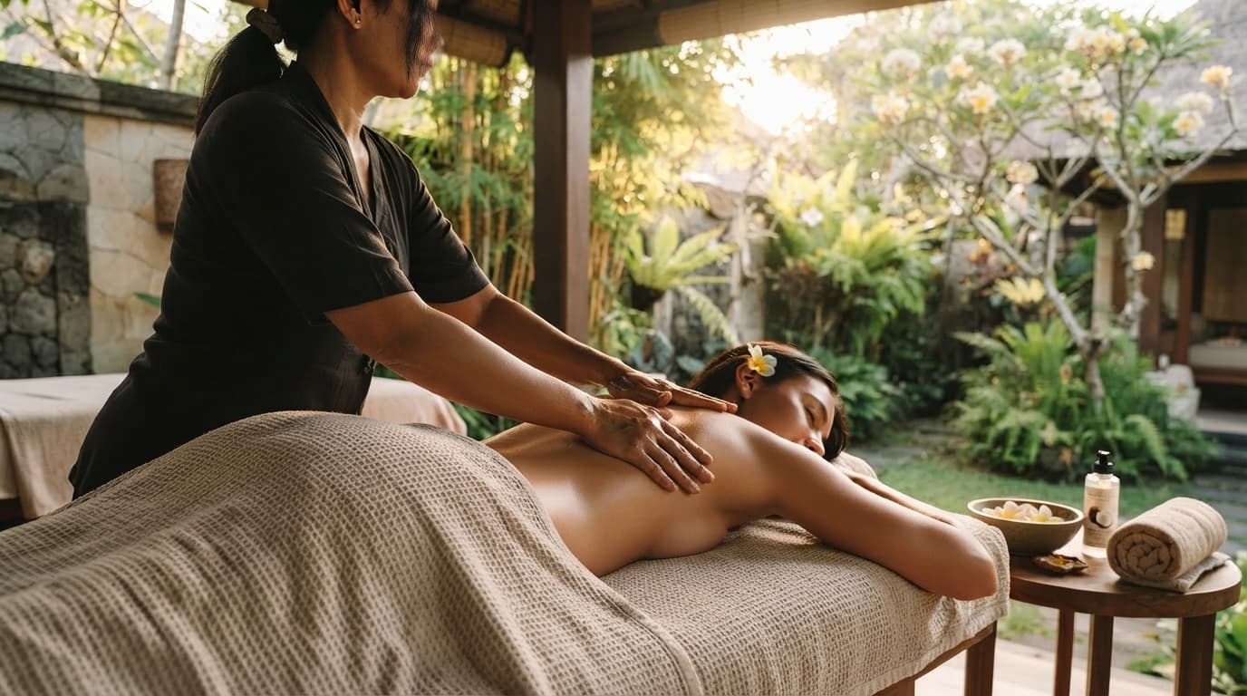 Therapist giving a traditional Balinese massage on fresh linen in a sunlit Bali villa