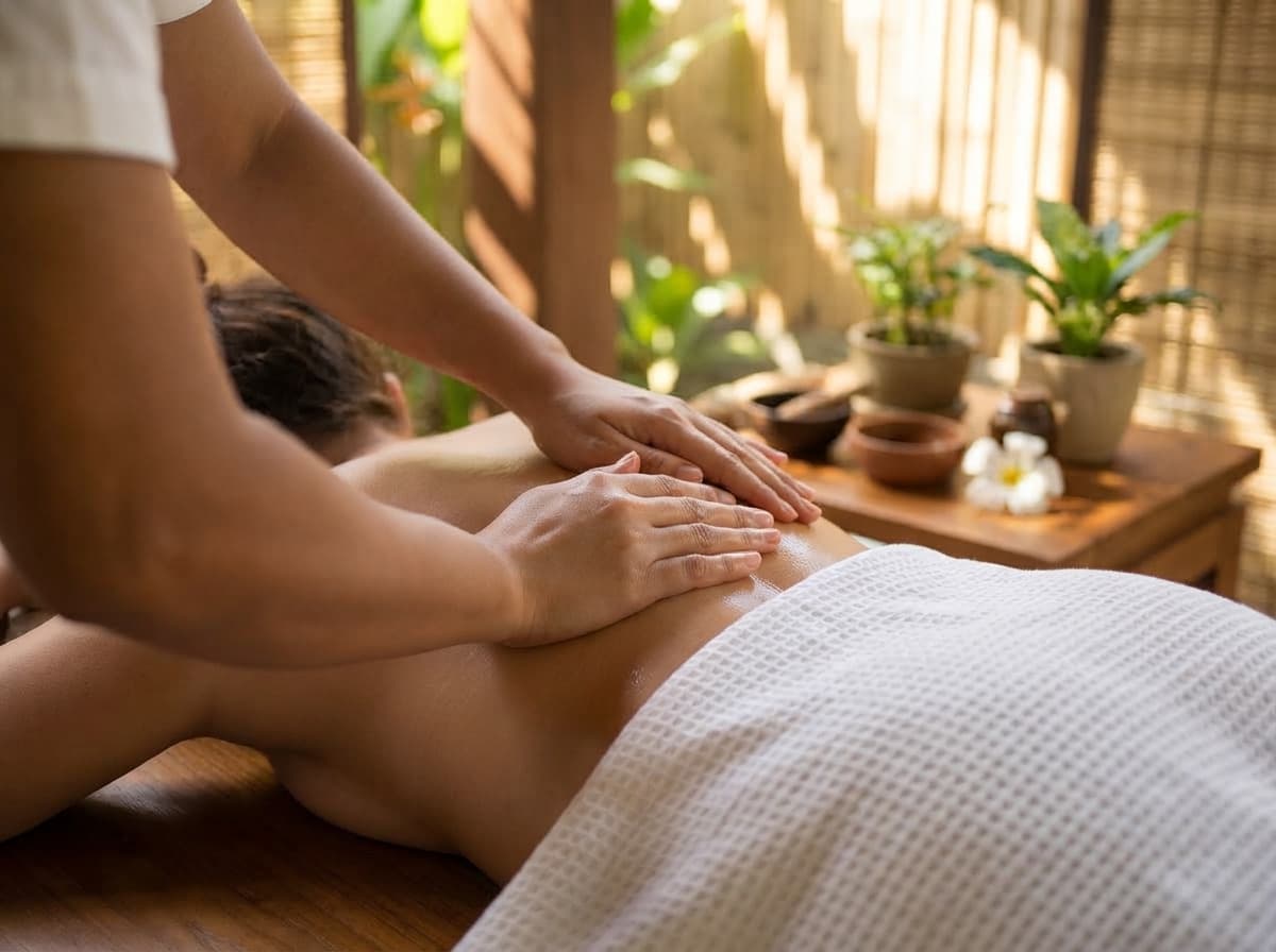 Therapists preparing a massage setup at a Bali villa with fresh linens and towels.